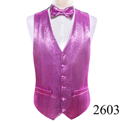 Mens Vest Gold Silver Black Red Pink Blue Green Yellow Solid Solid V-Neck Waistcoat Bowtie Set Barry Wang