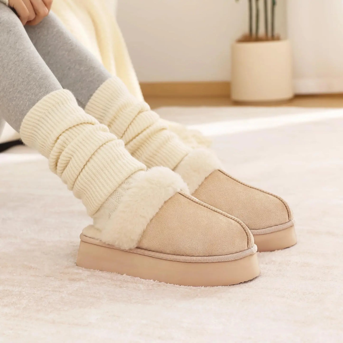 Litfun Fuzzy Platform Slippers For Women Winter Warm House Shoes With Memory Foam Outdoor Anti-Slip Fashion Fur Fluffy Slippers