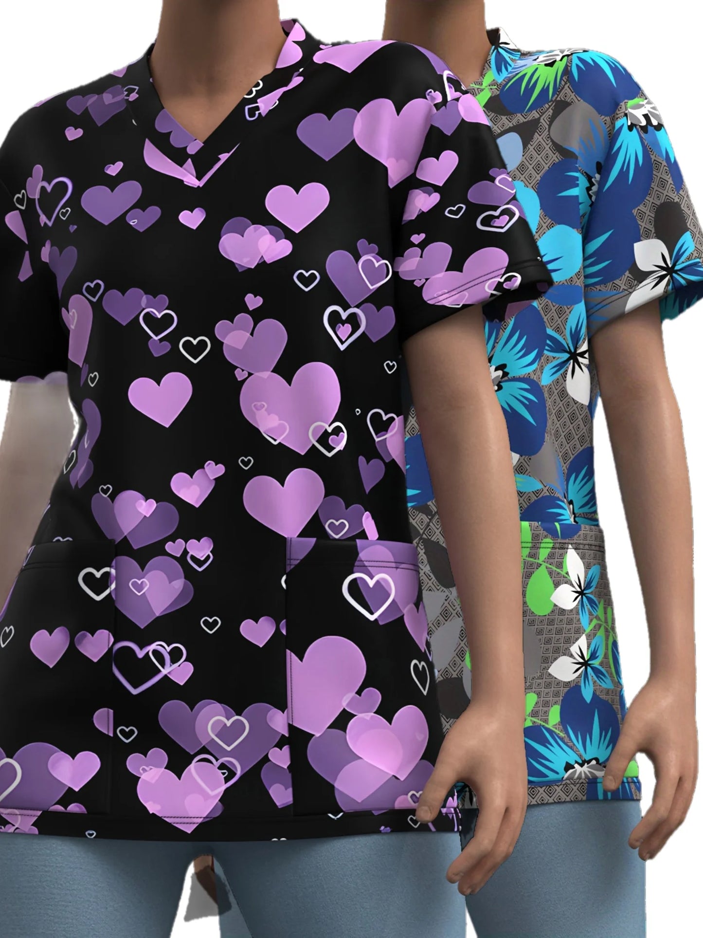 Nurse Uniform Woman Heart Bow Print Casual V Neck Health Care Medico Tops Micro-Elastic Short-SleeveClinical Uniform Clothing