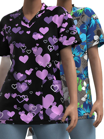 Nurse Uniform Woman Heart Bow Print Casual V Neck Health Care Medico Tops Micro-Elastic Short-SleeveClinical Uniform Clothing