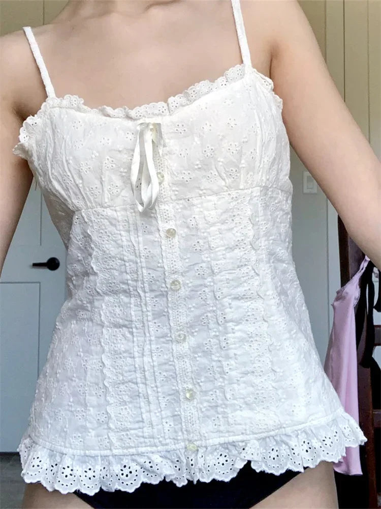 Women Lace White Corset Tank Tops Spaghetti Strap Sleeveless Camisole Tops Y2K Aesthetic Casual Summer Vest Shirts Female