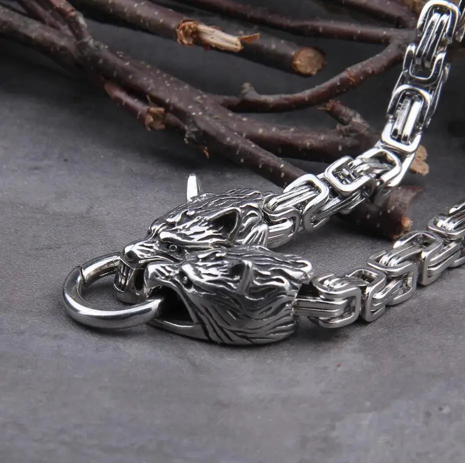 Stainless Steel Viking Wolf Head Square-link Chain with Round Clasp without Pendant with wooden box as christmas gift