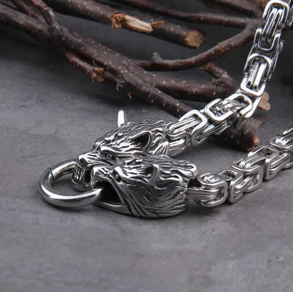 Stainless Steel Viking Wolf Head Square-link Chain with Round Clasp without Pendant with wooden box as christmas gift