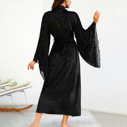 Women's Lace Velvet Bathrobe Breathable Nightgown Kimono Home Clothes Flare Sleeve Night Long Robe Female Sleepwear Homewear