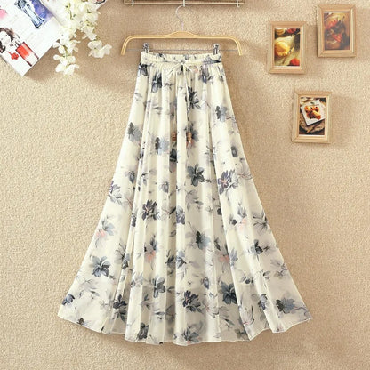 Elegant Chiffon Long Skirts For Women Autumn Casual Women's Floral Print Maxi Skirt Female High Waist Elastic A-Line Skirts