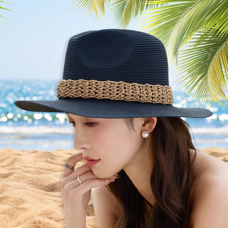 Women Wide Brim Sun Hat with Bowknot Ribbon Summer Beach Straw Hat Foldable Floppy Fedora Hat for Vacation Travel Party Clothes