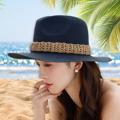 Women Wide Brim Sun Hat with Bowknot Ribbon Summer Beach Straw Hat Foldable Floppy Fedora Hat for Vacation Travel Party Clothes
