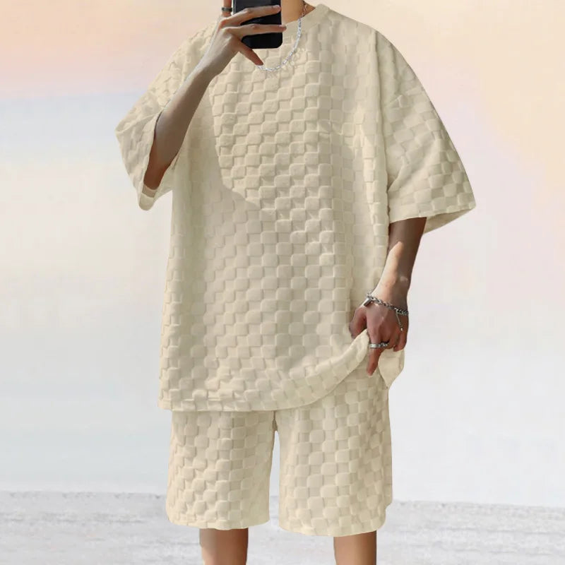 Men's Summer Checkered Loose Two-piece Sports Leisure Suit Short Sleeve T-shirt Shorts Casual Suit Plus Size Fashion Men's Suit