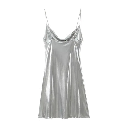 Summer Women Shinning Metallic Color Sling Mini Dress Female Chic Pleat Design Casual Slim Party Vestidos DS5000