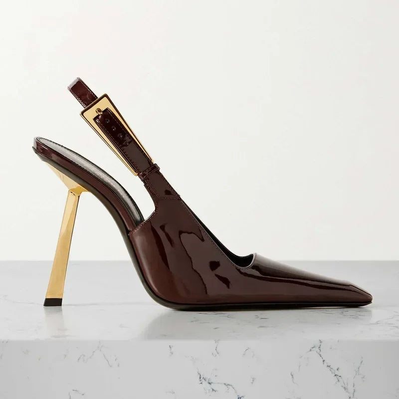 Elegant Fashionable Black Pointed Toe Thin Heel Single Shoes Patent Leather Buckle High Heels Stylish Luxurious