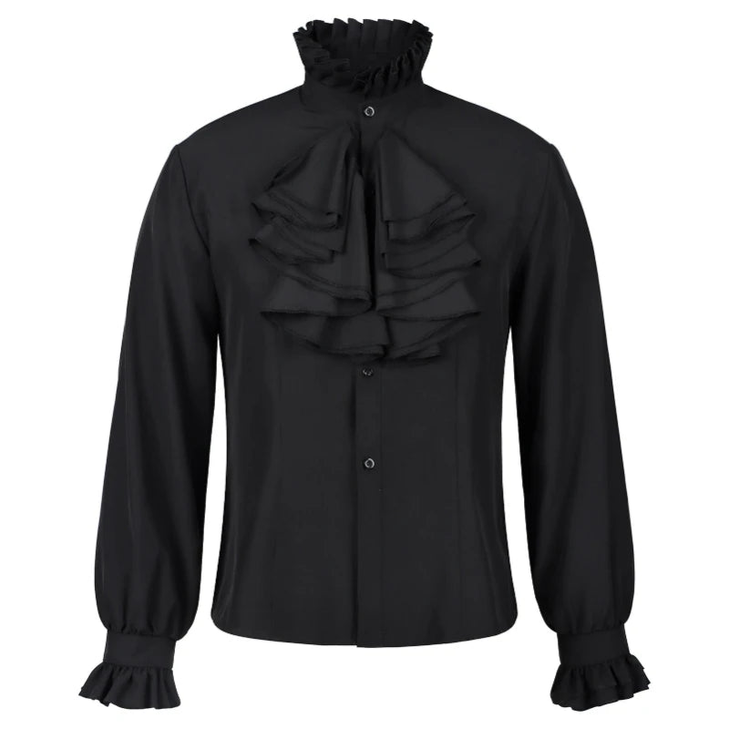 2026 Black&White Vintage Court-Style Stand Collar Ruffled Shirts for Men,Gothic Pleated Cuffs Glamorous Pirate-Style Men's Shirt