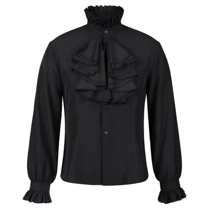 2026 Black&White Vintage Court-Style Stand Collar Ruffled Shirts for Men,Gothic Pleated Cuffs Glamorous Pirate-Style Men's Shirt