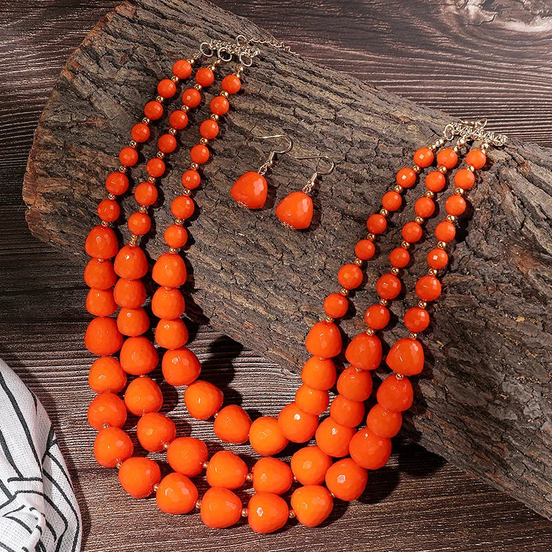 Three Layer Necklace Jewelry Set Party Wedding Bib Beads Necklace Earrings For Women Choker African Necklace Earrings Sets