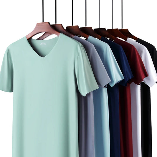 2024 Men's Thin Short Sleeve Without Summer Solid Color T shirt Trace Slim V-neck Bottoming Seamless short sleeve