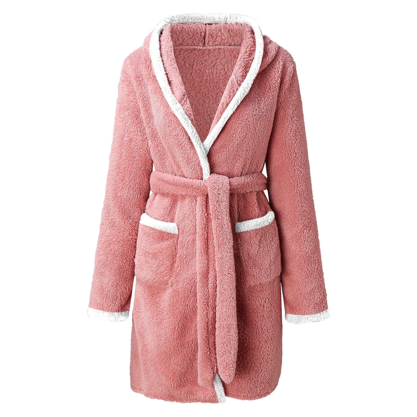 Women Coral Fleece Bathrobe Autumn And Winter Home Warm Sleepwear Casual Solid Color Matching Shower Robes Hooded Kimono Robe