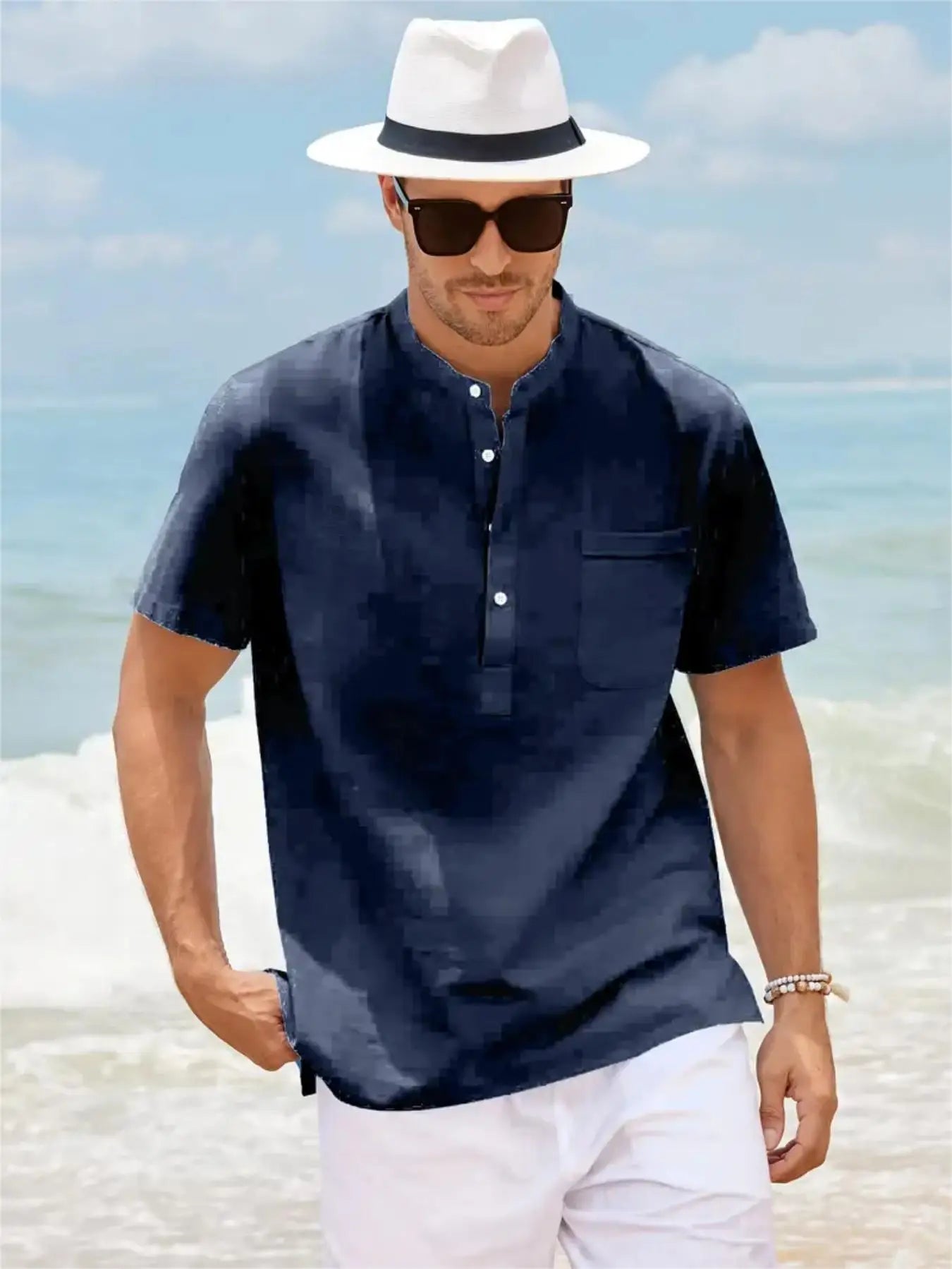 Men's Plus Size Cotton Linen Shirt with Pocket Casual Polo Shirt  Short Sleeve Shirts  Summer Lightweight Beach Tops
