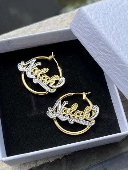 DUOYING Custom Name Hoop Earring Personalized 25mm Nameplate Double Color Earring With Heart Jewelry For Kids