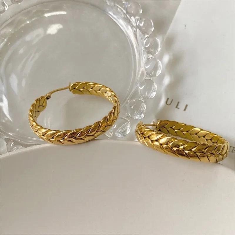 ANENJERY 316L Stainless Steel Gold Color Wheat Hoop Earrings for Women Luxtry Geometric Jewelry Festival Gift