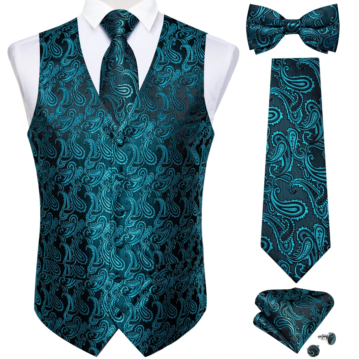 Men's Black Solid Paisley Suit Vest with Necktie Bow Tie Handkerchief Cufflinks Formal Waistcoat for Wedding Prom Tuxedo
