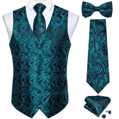 Men's Black Solid Paisley Suit Vest with Necktie Bow Tie Handkerchief Cufflinks Formal Waistcoat for Wedding Prom Tuxedo