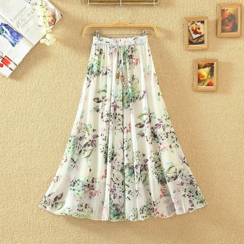 Elegant Chiffon Long Skirts For Women Autumn Casual Women's Floral Print Maxi Skirt Female High Waist Elastic A-Line Skirts