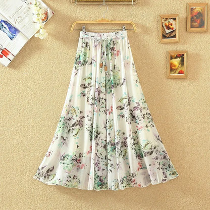 Elegant Chiffon Long Skirts For Women Autumn Casual Women's Floral Print Maxi Skirt Female High Waist Elastic A-Line Skirts