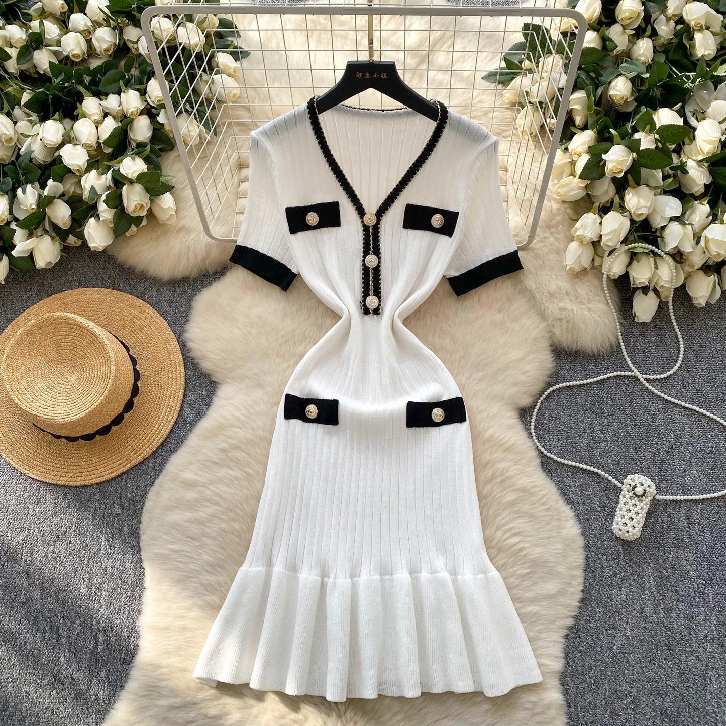 SINGREINY French Vintage Elegant Dress Women V Neck Buttons Elastic Waist Slim Fit Sundress Patchwork Mermaid Bodycon Dress