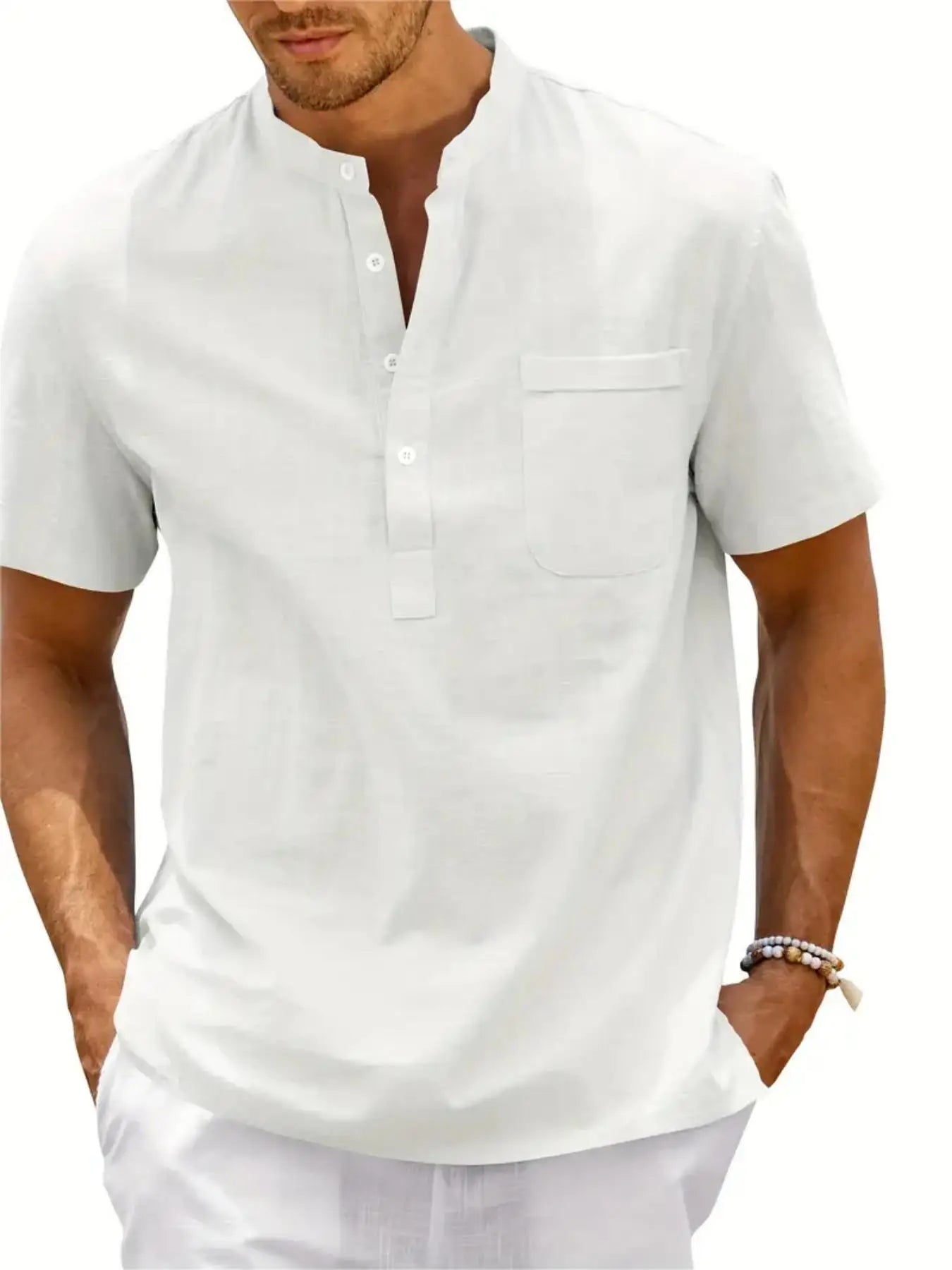 Men's Plus Size Cotton Linen Shirt with Pocket Casual Polo Shirt  Short Sleeve Shirts  Summer Lightweight Beach Tops