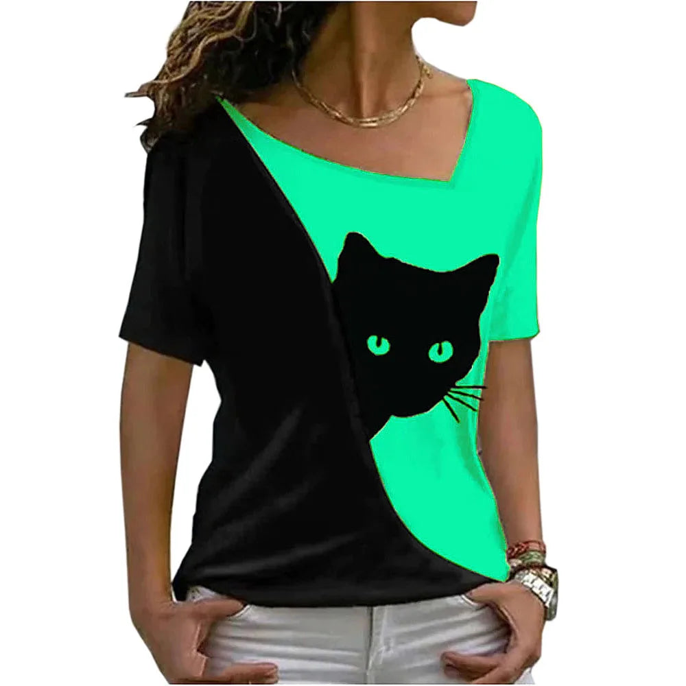 2023 summer women clothes blouse new style inclined collar black cat print short sleeve T-shirt women