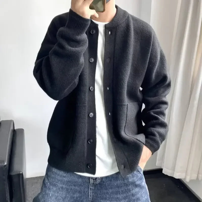 Knitted Cardigan Men Single Breasted Sweaters Long Sleeve O Neck Jumpers Solid Button Loose Fit Casual 2025 Winter Outerwear