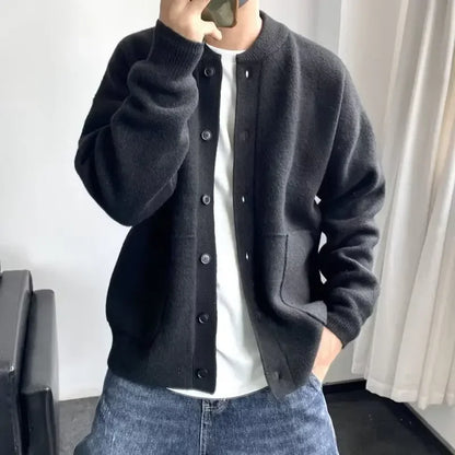 Knitted Cardigan Men Single Breasted Sweaters Long Sleeve O Neck Jumpers Solid Button Loose Fit Casual 2025 Winter Outerwear