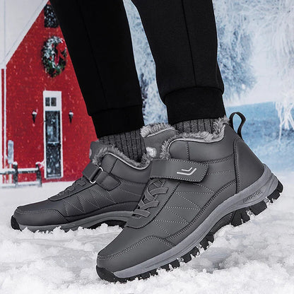 Winter Men Boots Leather Waterproof Outdoor Non-slip Hiking Shoes Unisex Men Women Warm Plush Ankle Boot Big Size 47 48