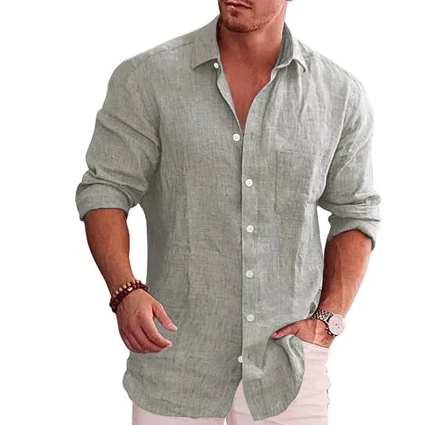 2025 new men's linen shirt loose plus size business casual long sleeved shirt breathable lapel quick drying plus size shirt