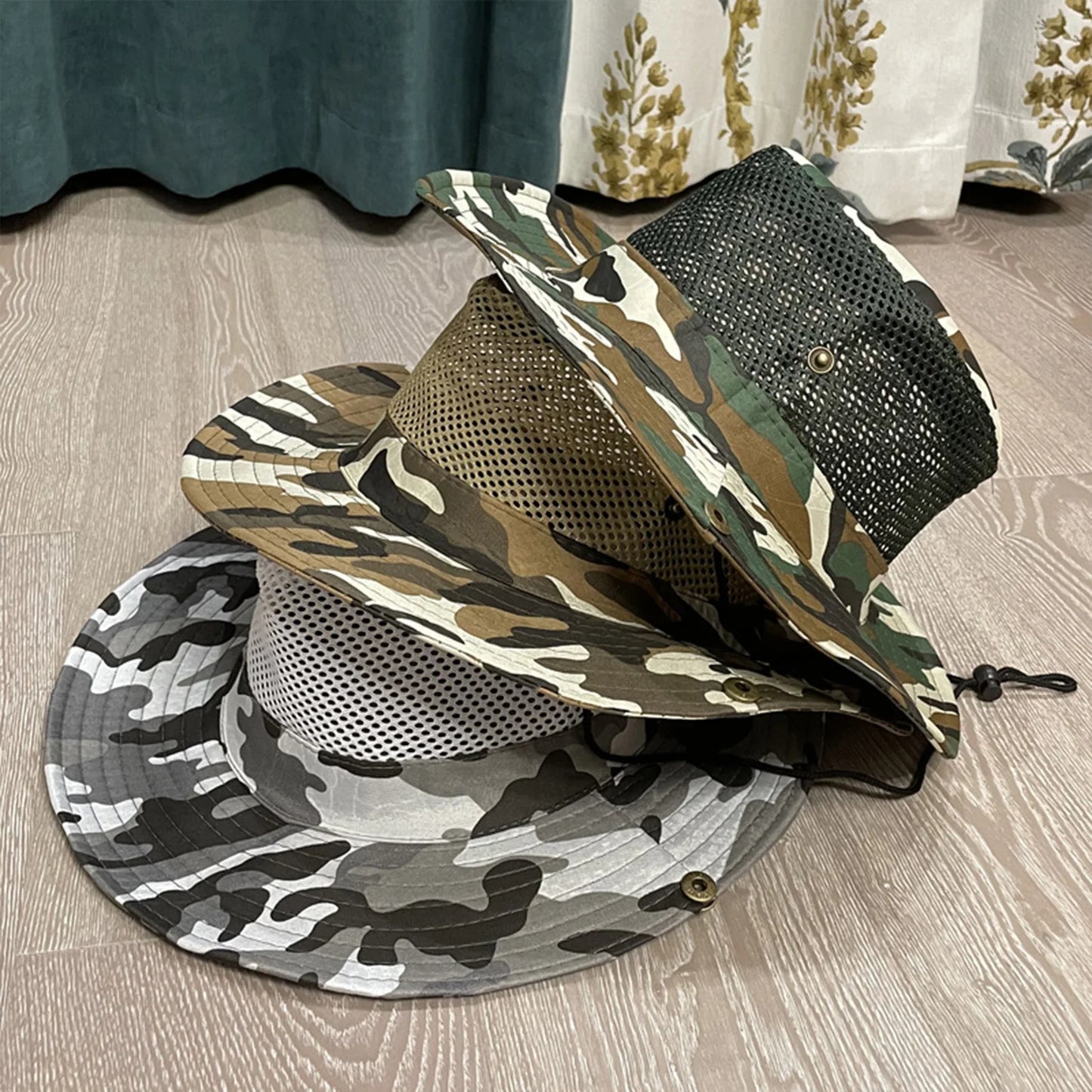 Summer Bucket Hats Hollow out Breathable Wide Brim Fisherman Hat Drawstring UV Protection Casua Hats for Outdoor Travel Hiking