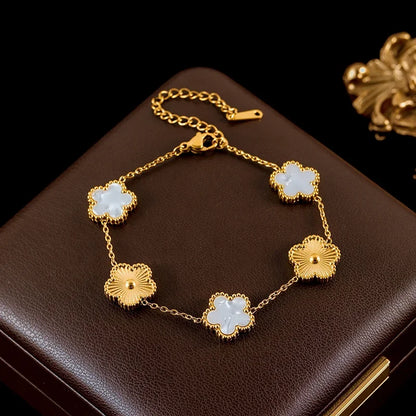 Stainless Steel White Plum Blossom Plant Leaf Flower Set Reversible Necklace Earrings Bracelet Women Clover Jewelry