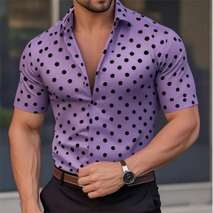New Men's Short Sleeve Button Shirt Polka Dot Lapel Fashion Design Casual Lightweight Breathable Comfortable Outdoor Men Clothes