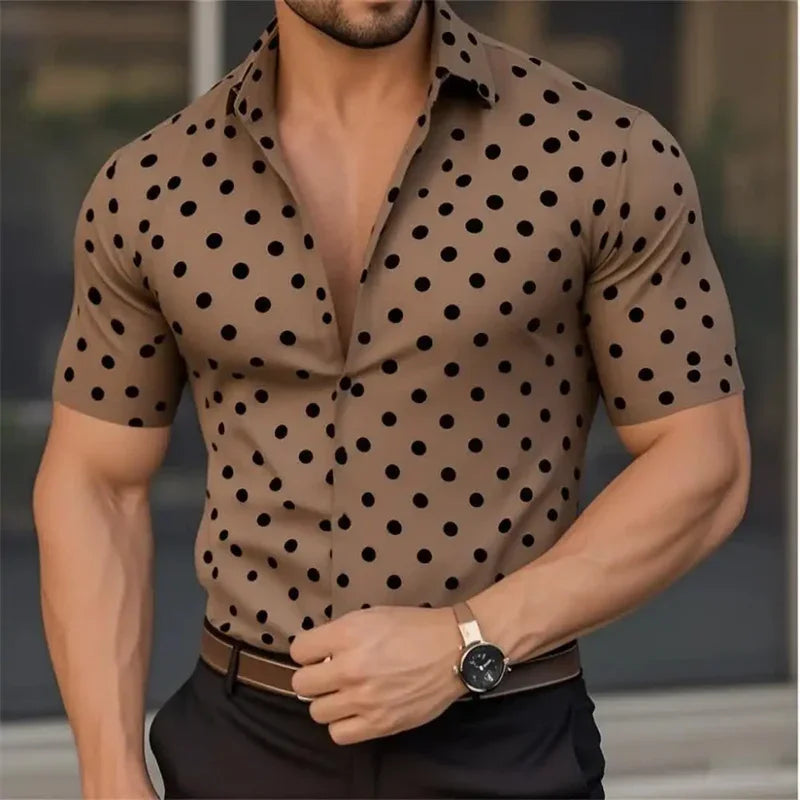 New Men's Short Sleeve Button Shirt Polka Dot Lapel Fashion Design Casual Lightweight Breathable Comfortable Outdoor Men Clothes