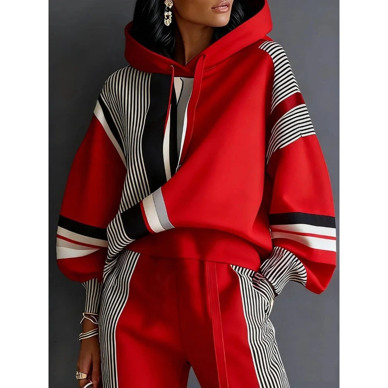 2026 Spring Plus Size Pant Sets American Stripe Round Ne Sweatirt Pants Set Women's Casual Spor Two-Piece Winter Loose Fit Faion