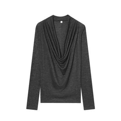BSAY Knitted T-shirt Women Fashion Autumn Winter Tee Pullover Top Chic Female Long Sleeved draped neckline T-Shirts Mjuer