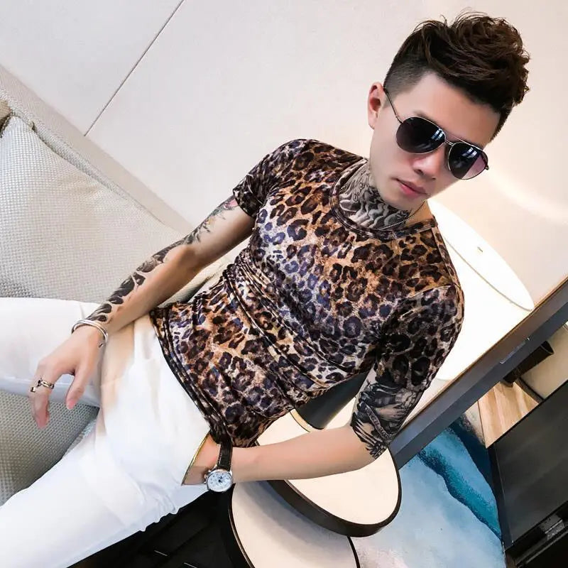 Fashion Men's Autumn Winter Luxury Clothing Heat Keep Warm Casual T-Shirt Mock Neck Tops Stripe Long Sleeve Gold Velvet T-Shirts