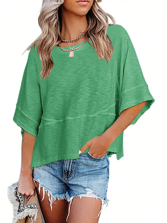 Women's Summer New Crewneck Batwing Half Sleeve Tops Solid Color Loose Fit Cute Flowy Tee Shirts Casual Dressy Cropped Blouse