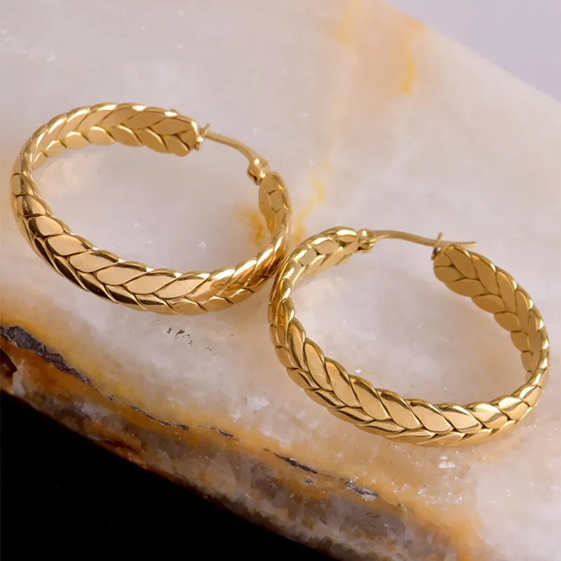 ANENJERY 316L Stainless Steel Gold Color Wheat Hoop Earrings for Women Luxtry Geometric Jewelry Festival Gift