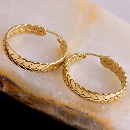 ANENJERY 316L Stainless Steel Gold Color Wheat Hoop Earrings for Women Luxtry Geometric Jewelry Festival Gift