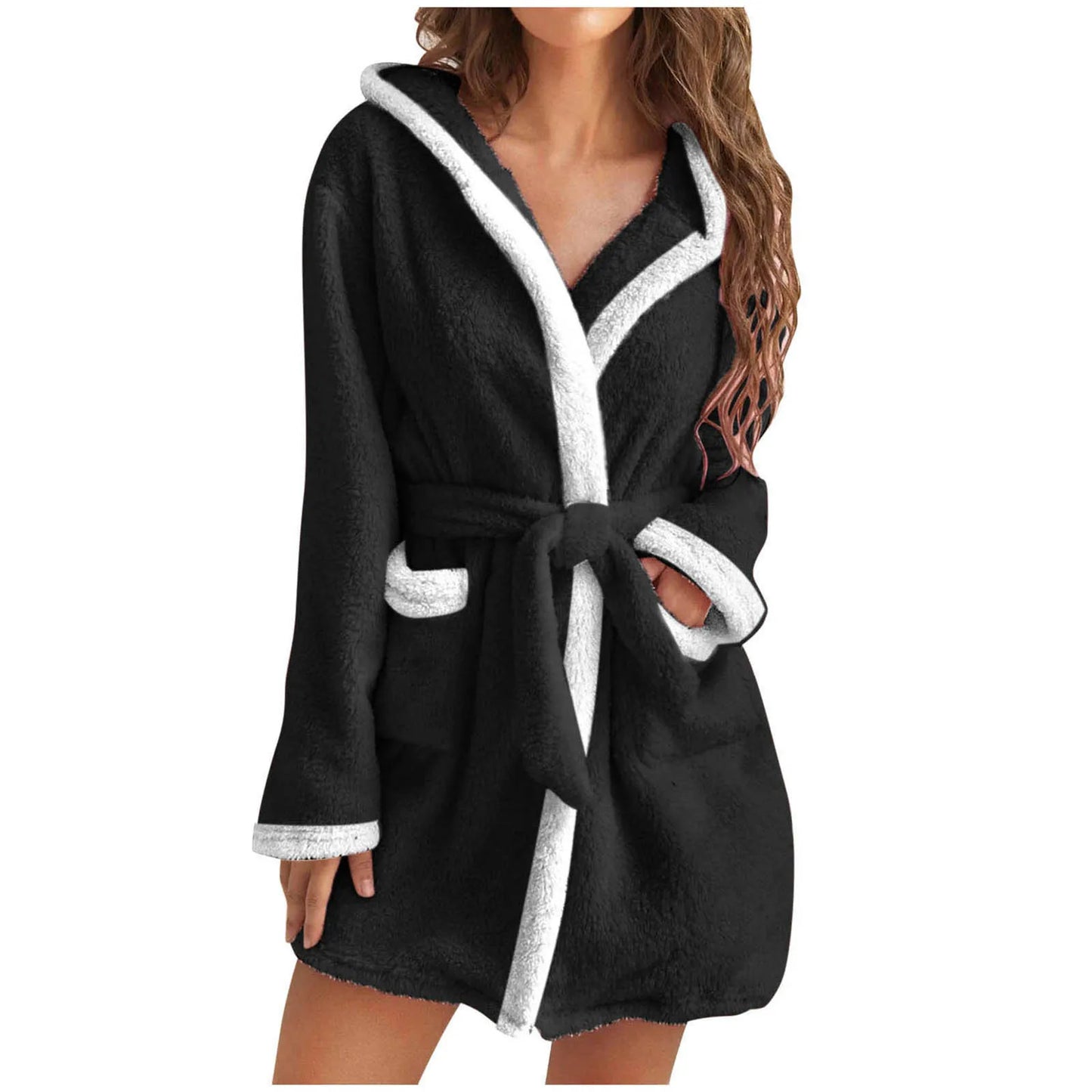 Women Coral Fleece Bathrobe Autumn And Winter Home Warm Sleepwear Casual Solid Color Matching Shower Robes Hooded Kimono Robe