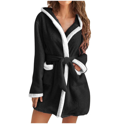 Women Coral Fleece Bathrobe Autumn And Winter Home Warm Sleepwear Casual Solid Color Matching Shower Robes Hooded Kimono Robe