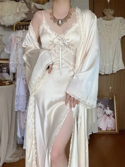 French Sweet Vintage Dress Suits Women Autumn Lace Sexy Casual 2 Piece Sets Office Lady Outifts Chiffon Elegant Strap Dresses