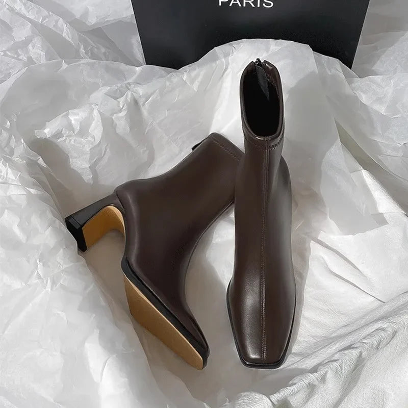 Square Ankle Boots Autumn Comfortable Soft Leather High Heel Boots Women's Fashion Zipper Simple Temperament Women's Shoes