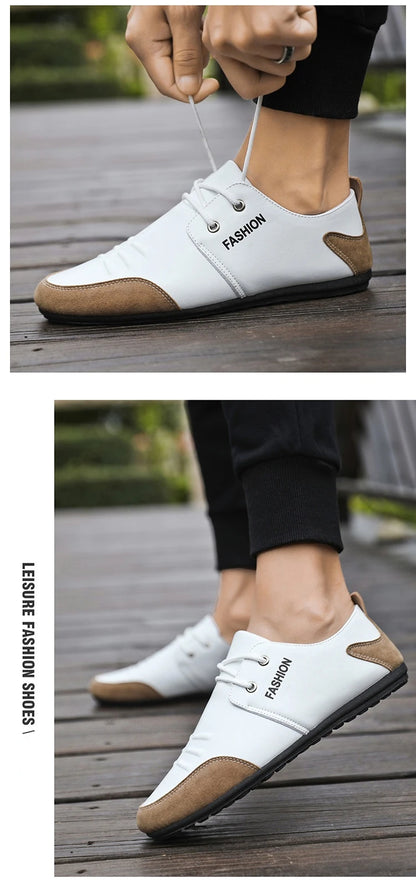 Flat Men Shoes Leisure Leather Shoes for Men White Footwear 2025 Summer Trend Breathable Soft Casual Sneakers British Peas Shoes