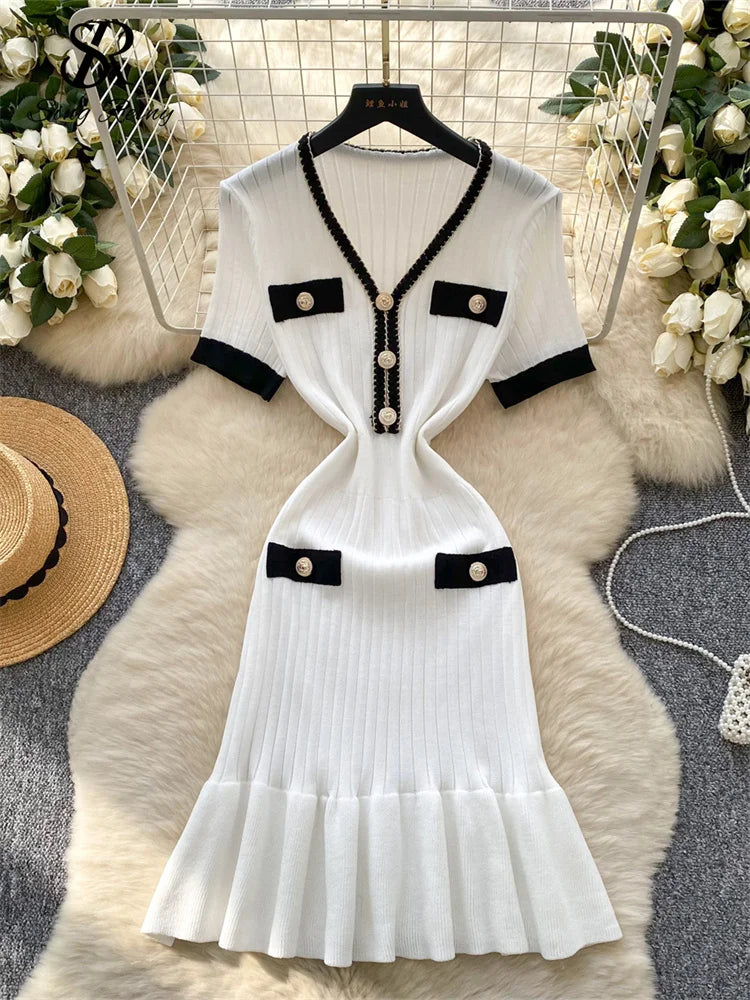 SINGREINY French Vintage Elegant Dress Women V Neck Buttons Elastic Waist Slim Fit Sundress Patchwork Mermaid Bodycon Dress