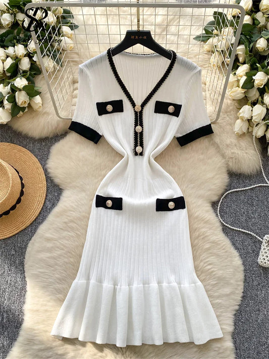 SINGREINY French Vintage Elegant Dress Women V Neck Buttons Elastic Waist Slim Fit Sundress Patchwork Mermaid Bodycon Dress